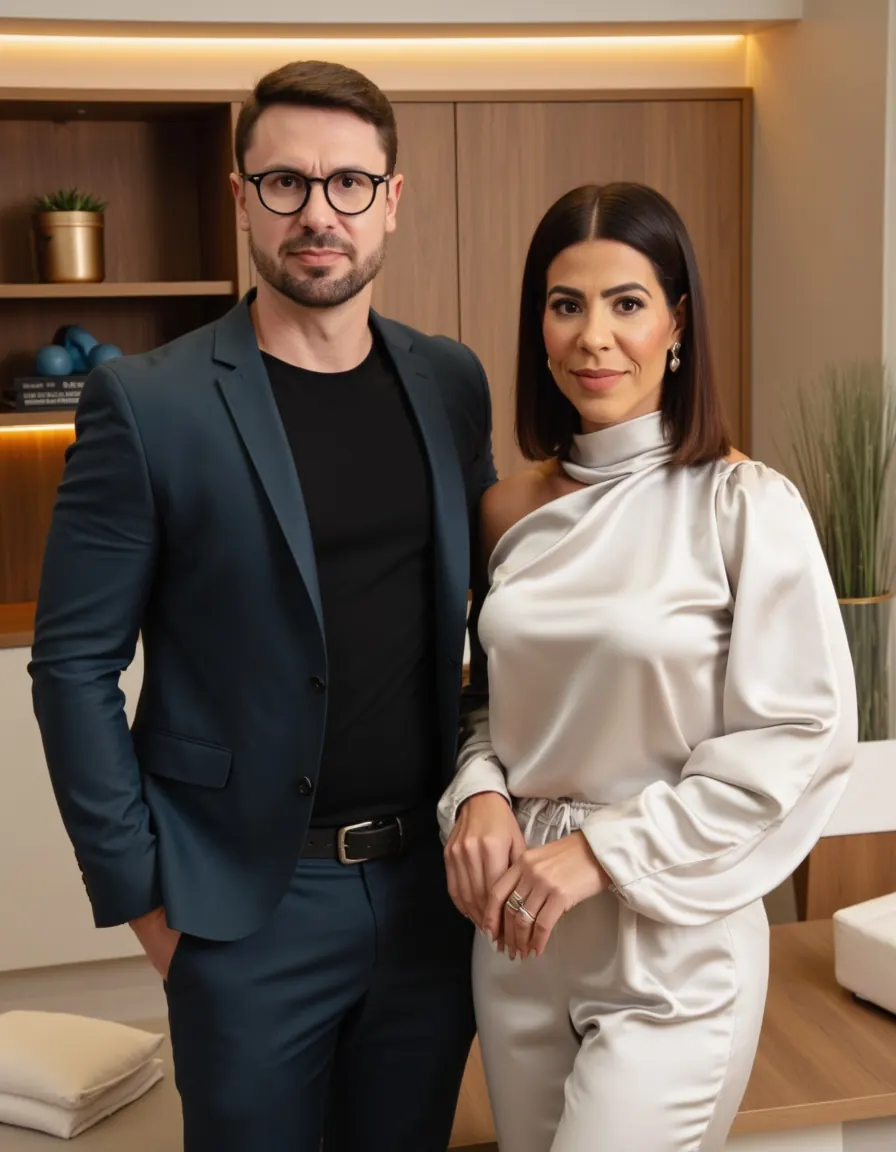 Renata Caputo e Felipe Reis na High Clinic com a TV Engajada ao fundo
