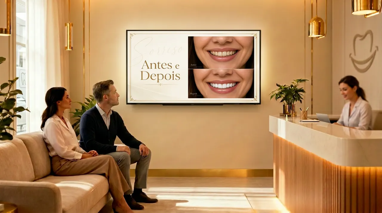 Antes e depois — sorriso premium em TV de consultório