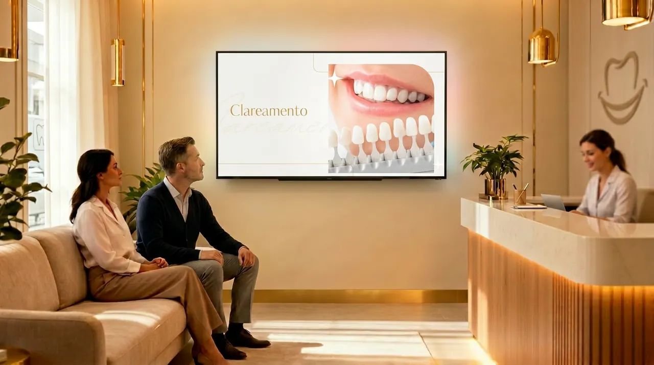 Clareamento dental apresentado na TV da recepção