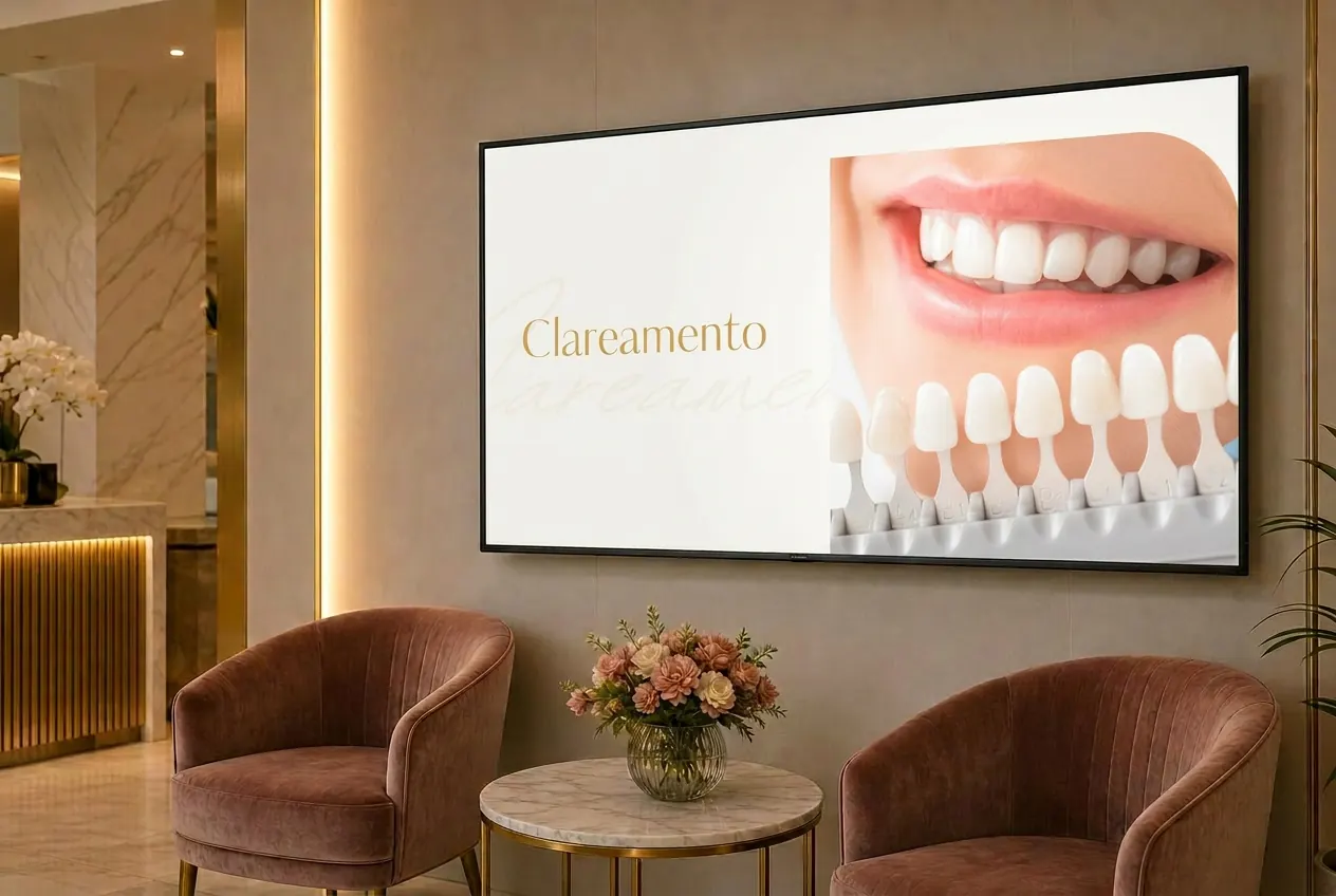 TV horizontal em consultório com slide de antes e depois